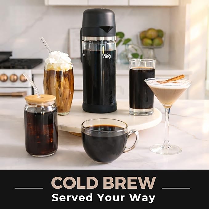 VINCI Express Cold Brew, Electric Cold Brew Coffee Maker in 10 Minutes, Glass Carafe, 3 Brew Strength Settings & Cleaning Cycle, Easy to Use & Clean 1.4 Liters Push Button Control