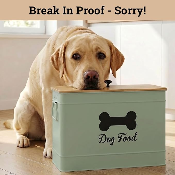 Dog Food Container Airtight 15 lb (50 Cup) Capacity with Metal Scoop - Cute Airtight Dog Food Storage Container with Bamboo Lid - Green Metal Kibble Storage Bin for Dogs up to 100 lbs - Big Pet Jar