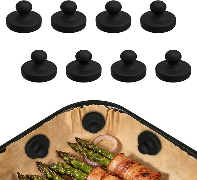 8Pcs Air Fryer Magnets for Parchment Paper, Upgraded Powerful Magnetic Silicone Buckles for Holding Down Paper Liners, Safely Lock Disposable Liners from Heating Element or Covering Food (Black)