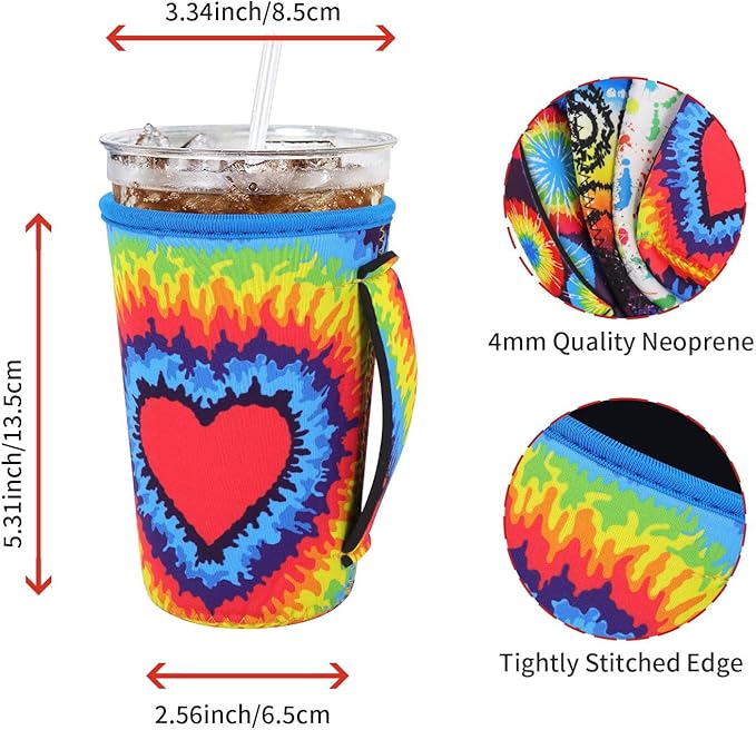4Pack Reusable Iced Coffee Sleeve Insulator Sleeves for Cold Drinks Beverages, Neoprene Cup Holder for Most Coffee, Fits 22-24oz Medium Cups (Tie dye with Handle)