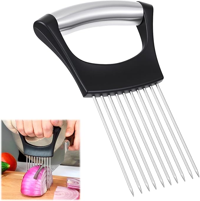 Large Onion Slice Holder Stainless Steel Onion Chopper Vegetable Cutter, Multi-use Kitchen Slicer Tool with 10 Long Needles, Food Slicing Assistant for Meat, Tomato, Potato, Lemon