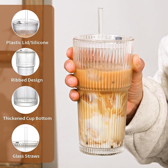 20oz Ribbed Glass Cups with Lids and Straws,4PCS Glass Tumbler with Straw and Lid, Iced Coffee Cups Drinking Glasses for Juice,Smoothies,Cocktail