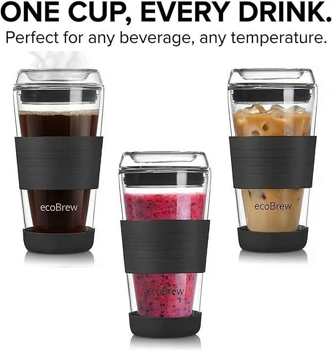 16oz Double Wall All Glass Tumbler with Lid, Dishwasher Safe & Microwavable Glass Travel Mug, Clear Coffee Tumbler To Go, Reusable Ceramic Cup for Hot & Cold Drinks