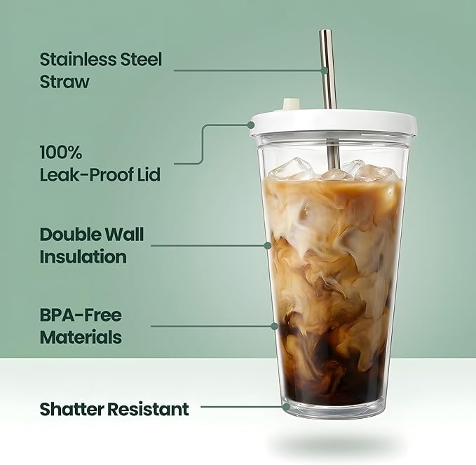 Kensal Home Reusable Iced Coffee Cup (16 Oz/Grande), Leak Proof and Double Wall Insulated Iced Coffee Tumbler, Come with Reusable Plastic and Metal Straws and Straw Cleaner - White