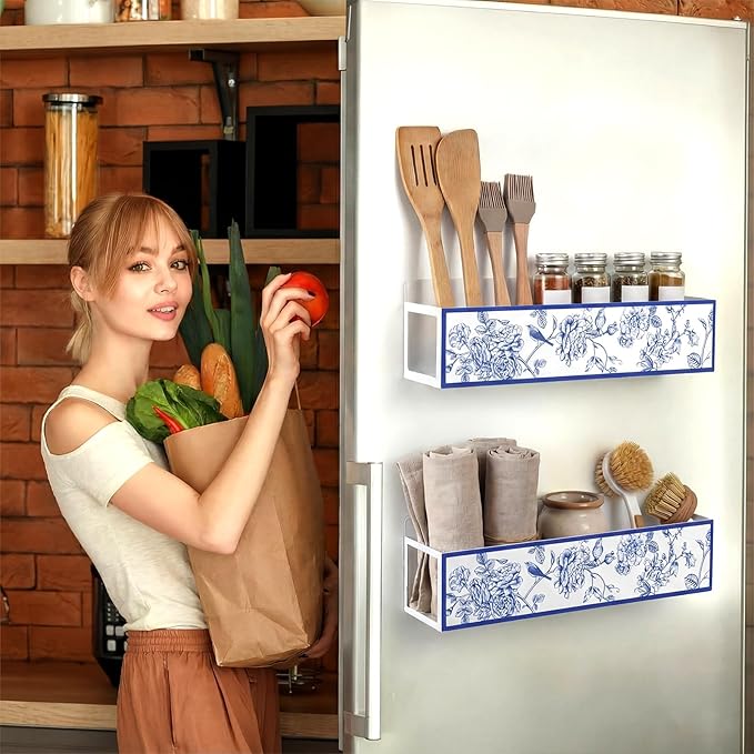 Beeveer 2 Pack Floral and Bird Magnetic Spice Rack for Refrigerator Metal Magnet Basket Shelf for Fridge Seasoning Storage Organizers Home Decor Kitchen Accessories (Blue and White)