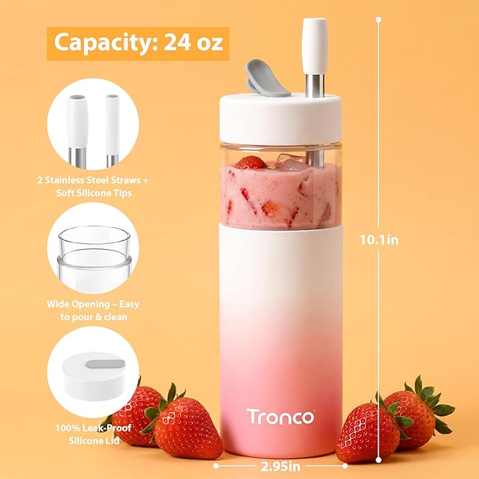 Tronco 24 oz Glass Tumbler with Lid & Straw, Iced Coffee Cup - Smoothie Cup with Silicone Lid for Boba Tea, Home, Office, Travel & Gifts, Borosilicate Glass Cups, BPA-Free, Leak-Proof, Dishwasher Safe