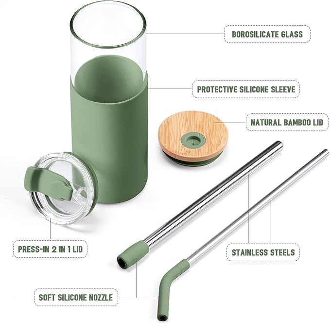 Kodrine 24oz Glass Tumbler with Lids and Straws|Bamboo & On the go Lid|Reusable Ice Coffee Cup with Silicone Sleeve, Glass Coffee Tumbler for Smoothie/Matcha, Dishwasher & BPA Free-Olive