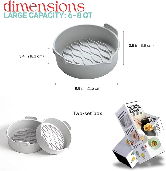 Silicone Air Fryer Basket Liners Pots, Gray, Non-Stick Cooking Inserts with Wave Pattern Design, 2 Pack (6-8 QT)