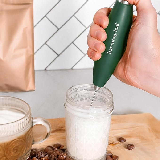 Harmony Leaf Handheld Milk Frother, Stainless Steel Electric Drink Mixer with Stand, Battery Operated Coffee Frother for Lattes, Matcha, Hot Chocolate and More, Green