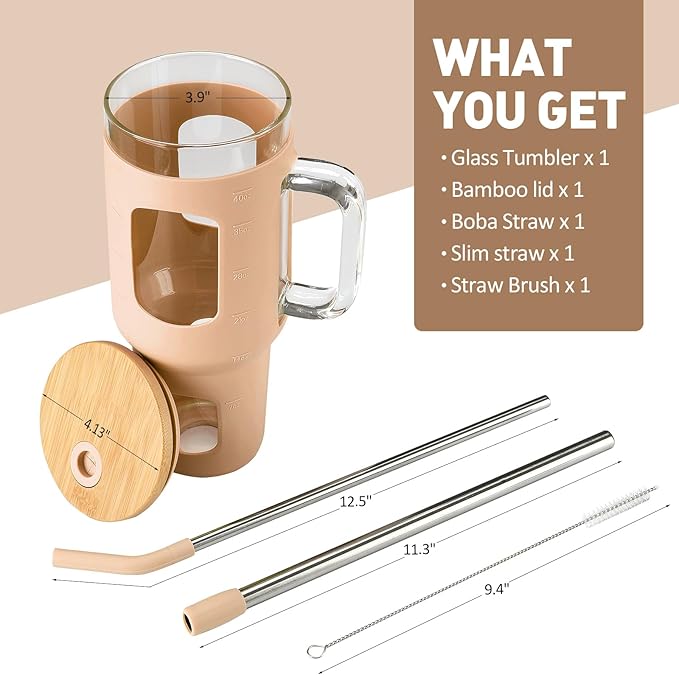 WINSA Glass Tumbler with Straw and Lid, 40 oz glass cup with handle, Glass Water Bottles with Time Marker, Silicone Protective Sleeve-Amber
