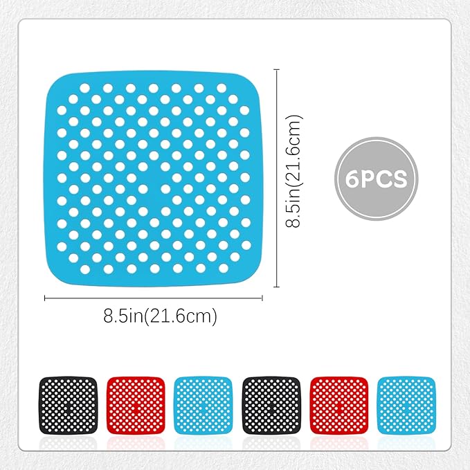 6 Pack Square Silicone Air Fryer Liners – 8.5 Inch / 21.6 cm Reusable Nonstick Mats – Heat-Resistant, Dishwasher Safe Air Fryer Accessories – Black, Red, Sky Blue