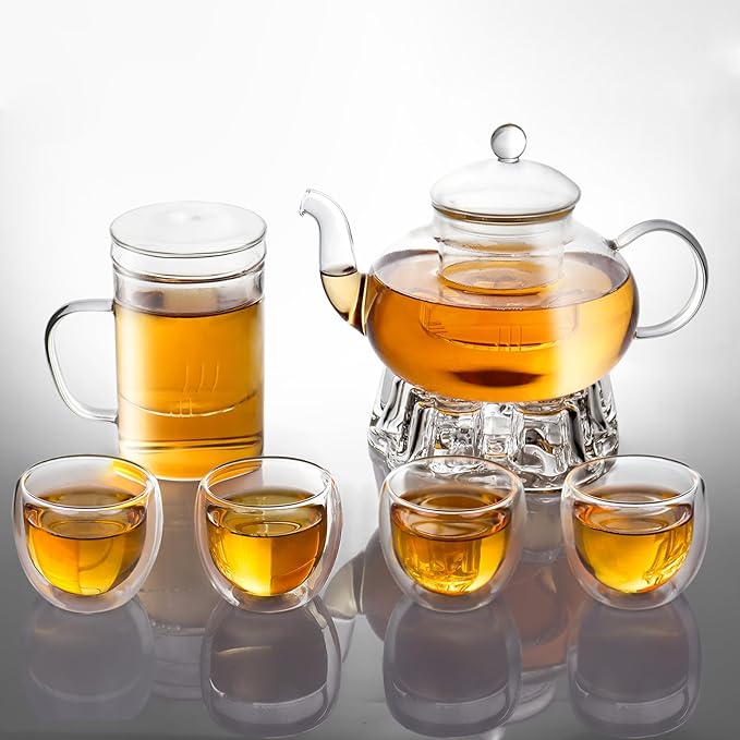 2-IN-1 Glass Tea Sets for Adults - Includes Glass Teapot and Mug with Infuser, Warmer Base, 4 Double Wall Glass Tea Cup - for Both Personal and Gathering Tea Time, Gifts for Tea Lovers