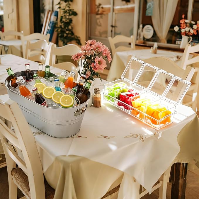 2 Pcs 4 Gallon Galvanized Metal Ice Buckets Large Metal Drink Bucket 2 Pcs Condiment Caddy Clear 4 Compartment with Lid and Spoon for Summer Birthday Party Dinner Wedding Mimosa Bar(Silver)
