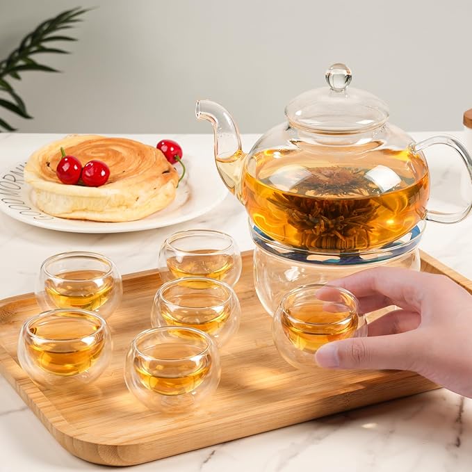 Glass Teapot Set, 27OZ/800ML Stovetop Safe Glass Tea Kettle with 6 Small Double Wall Tea Cups & Loose Tea Infuser & Tea Warmer, Microwave & Dishwasher Safe Tea Maker, Blooming Tea Gift Set