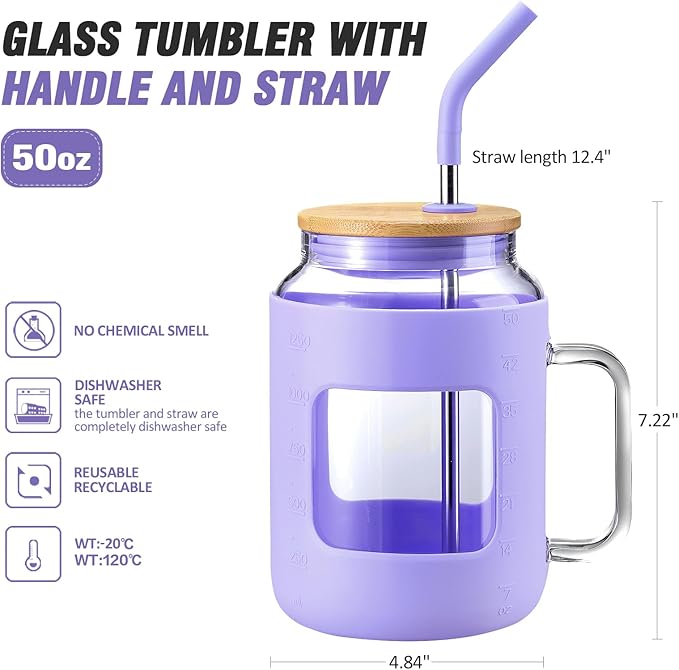 WINSA 50 oz Glass Water Bottles with Silicone Sleeve,Glass Tumbler with Lid and Straw,Iced Coffee Cup with Handle,BPA Free-Purple