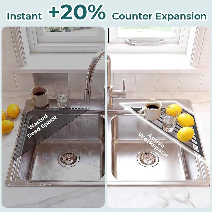 Corner Sink Caddy, Ohuhu Sponge Holder for Kitchen Sink Organizer Silicone Wrapped Steel Anti Slip Rust Triangle Over the Sink Dish Drying Rack for Sink Corner Multipurpose Drainer Trivet Space-Saving