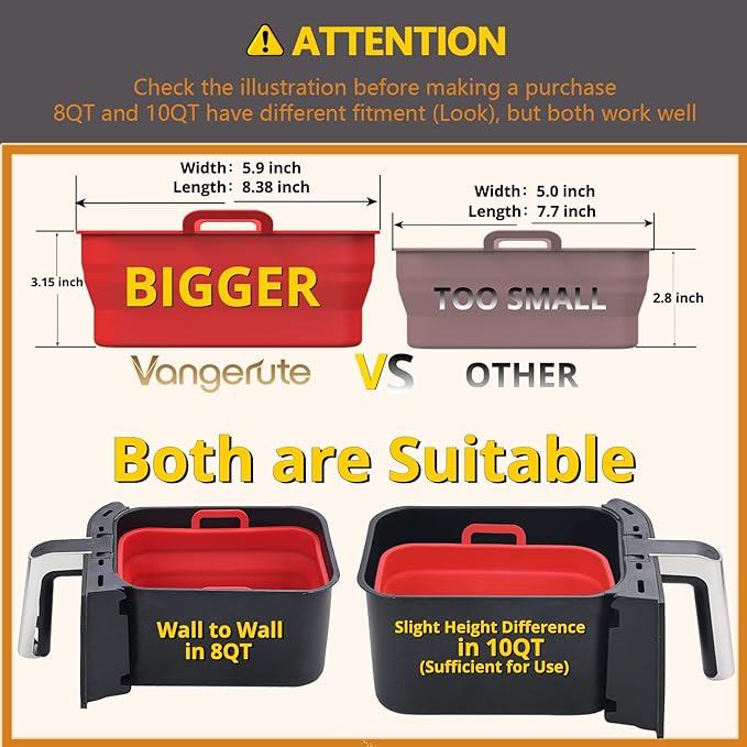 Collapsible 2-Pack Air Fryer Silicone Liners for 8QT & 10QT NINJA Foodi Dual, Reusable Rectangular Silicone Basket Pot for Air Fryer Accessories (Red)