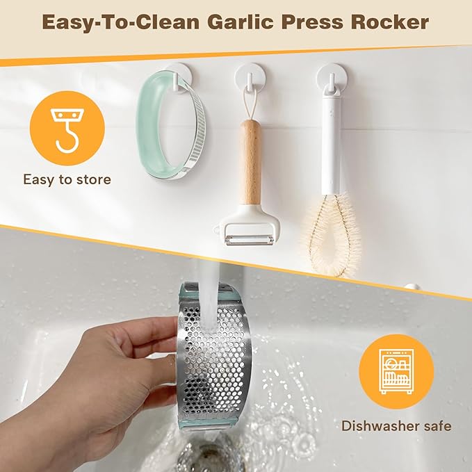 Cook Guy 304 Stainless Steel Garlic Press Rocker Set - Premium Garlic Mincer, Crusher, Peeler, and Scraper Tool for Effortless Mincing - Comfortable Grip Garlic Grinder (Green)