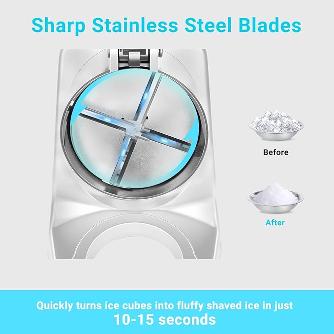 300W 210 lbs/hr ETL-Listed 4-Blade Electric Ice Shaver Machine with Ice Pick, Ice Crusher for Home Use and Commercial, Shaved Ice Machine, Ice Grinder, Silver