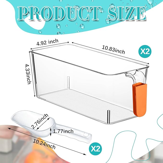 Havawish Ice Storage Bin and Flexible Scoop Set Plastic Freezer Bin with Pull out Handle Storage Bucket Clear for Container with Scoop(Orange,10.83 x 4.92 x 4.33 in,Classic)