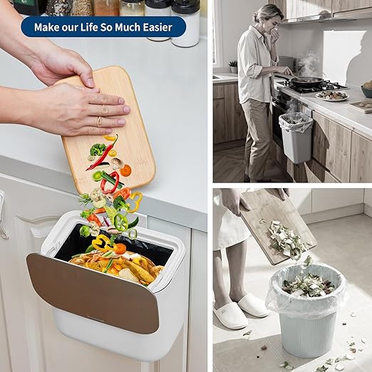 1.8 Gallon/7L Hanging Trash Can with Stainless Steel Lid, Mountable Compost Bin for Kitchen Cabinet Door, Under Sink Food Waste Container for RV, Bathroom, Office