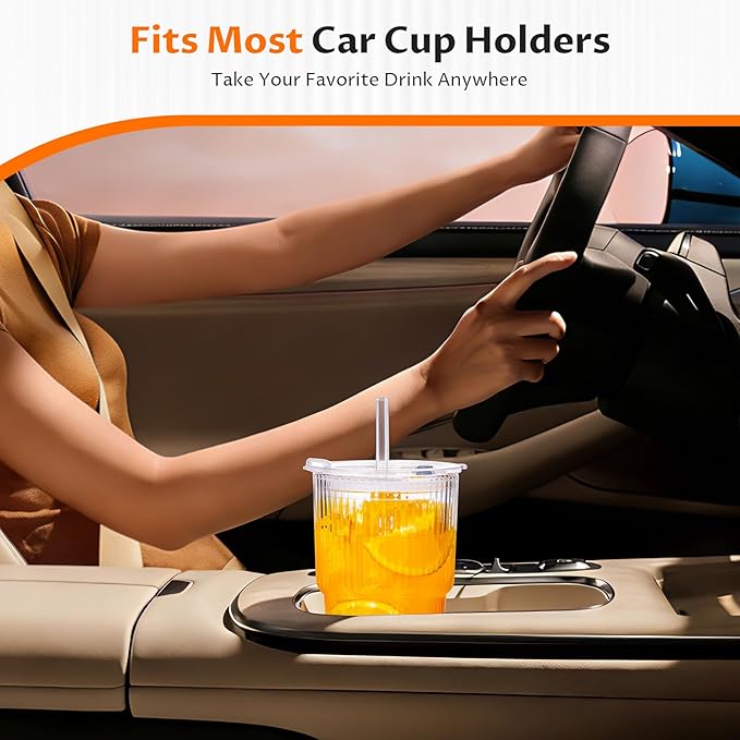 20oz Glass Tumblers with Straws and Lids 2 Pack, Ribbed Glass Cups, Leak Resistant Iced Coffee Cups, Thick Reusable Drinking Glasses, Fits Car Cup Holder, Clear Travel Coffee Cups