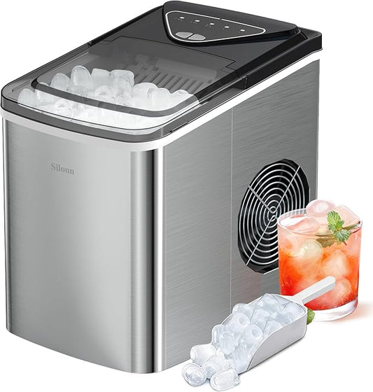 Silonn Countertop Ice Maker Machine, 9 Ice Cubes Ready in 6 Mins, 26 lbs/24 Hrs, Self-Cleaning Portable Ice Maker with Scoop & Basket, 2 Bullet Ice Sizes for Home, Kitchen, Office, Bar, Party