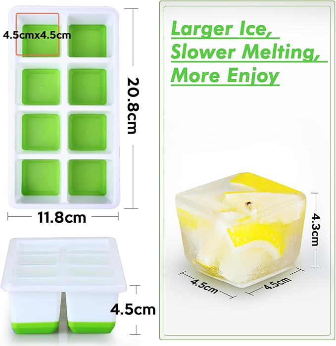 Ice Cube Trays 4 Pack, JRISBO Large Silicone Ice Cube Molds with Leak-Proof Lid, TPE Frame & Easy Release Bottom, Stackable Freezer Ice Trays for Whiskey, Cocktails, Soup, BPA Free