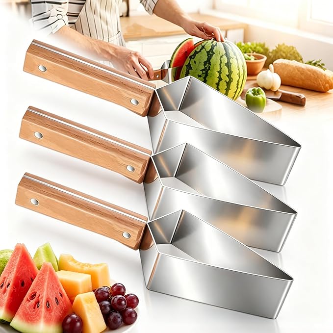 2026 Upgraded Triangle Watermelon Cutter, Thickened Stainless Steel Quick Watermelon Slicer Cutter Tool, with Ergonomic Wooden Handle Design for a Variety of Fruits (3PCS)