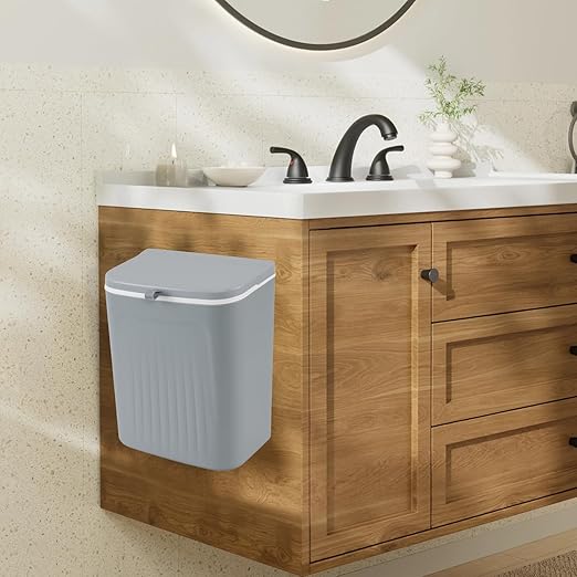 3.2 Gallon Kitchen Hanging Trash Can with Lid, Plastic Wall-Mounted Garbage Can, Gray