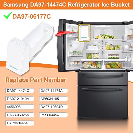 Upgraded DA97-14474A DA97-14474C Ice Bucket Compatible with Samsung Ice Bucket Replacement Samsung Ice Maker Tray Parts RF28HMEDBSR RF263BEAESR RF265BEAESR RF26J7500SR Refrigerator Ice Container Bin