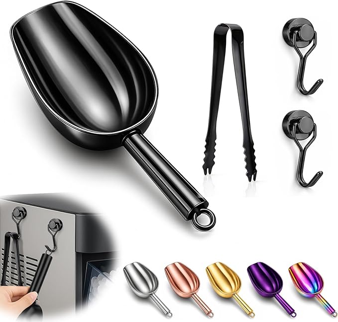 Stainless Steel Ice Scoop for Freezer with Magnetic Hook - Ice Scoop for GE Profile Opal 2.0 Nugget Ice Maker, for Kitchen Bar Party Accessories (6OZ-Black)