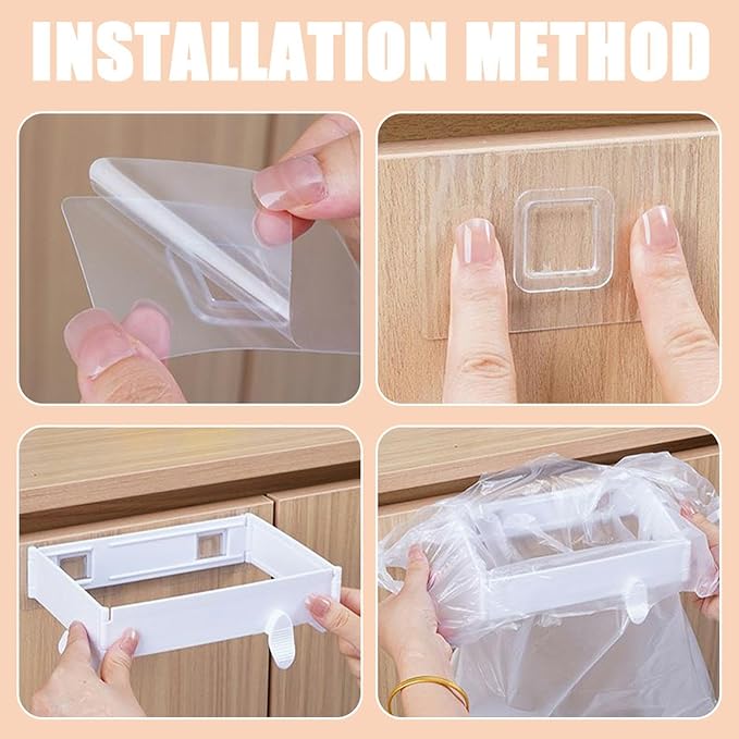 2Pcs Plastic Trash Bag Holder Rack, Folding Hanging Kitchen Trash Can, No Drill Adhesive Mounted Plastic Bag Holder, Space Saving Towel Hanger, Collapsible Garbage Can for Cabinets/Doors/Cupboards