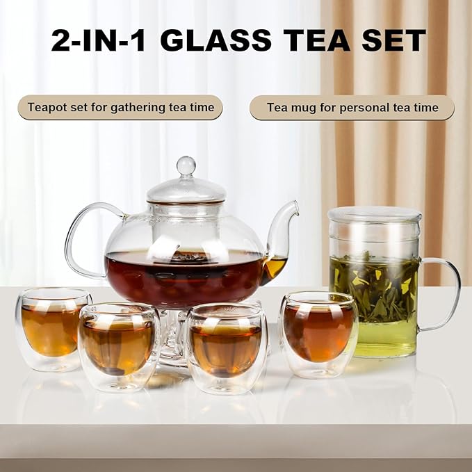 2-IN-1 Glass Tea Sets for Adults - Includes Glass Teapot and Mug with Infuser, Warmer Base, 4 Double Wall Glass Tea Cup - for Both Personal and Gathering Tea Time, Gifts for Tea Lovers