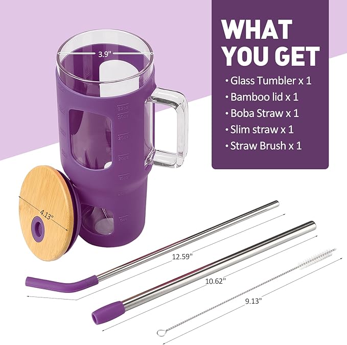 WINSA Glass Tumbler with Straw & Lid, 32 oz Glass Cup with Handle, Water Bottles with Time Marker - 2 Straws & Silicone Protective Sleeve Dark Purple