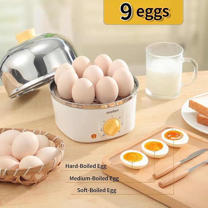 Oroton 9-Egg 304 Stainless Steel Egg Cooker – Steam & Boil Eggs with Timer, Automatic Shut-Off & 3 Cooking Modes (Hard/Medium/Soft)