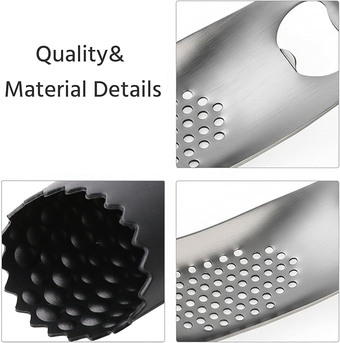 Garlic Press Rocker Stainless Steel, Manual Garlic Mincer Crusher with Silicone Peeler Set, Heavy Duty Ginger Smasher with Bottle Opener for Kitchen, Dishwasher Safe, Silver & Black