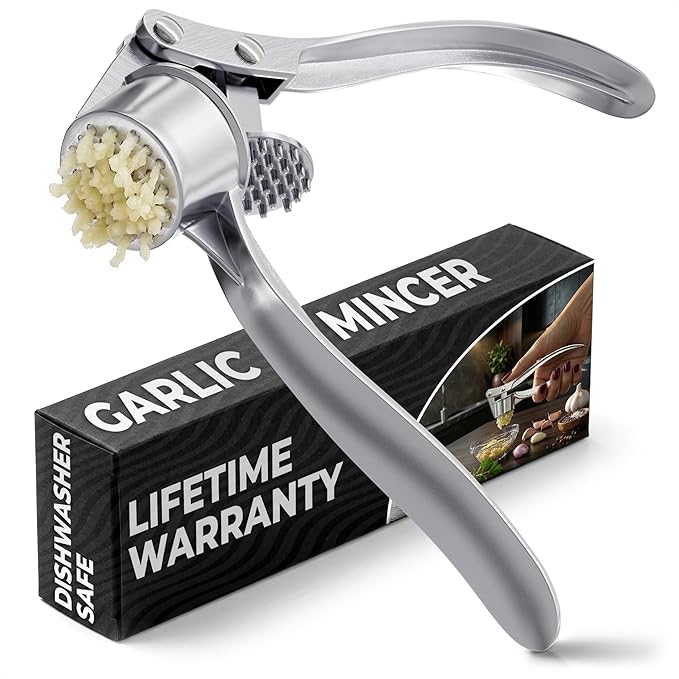 Metal Garlic Press - Ginger Mincer with 37 Built-In Studs for Maximum Extraction, Garlic Crusher for Ginger and Soft Nuts, Rust-Resistant, Ergonomic Handle, No Peel Needed, Dishwasher Safe, Silver