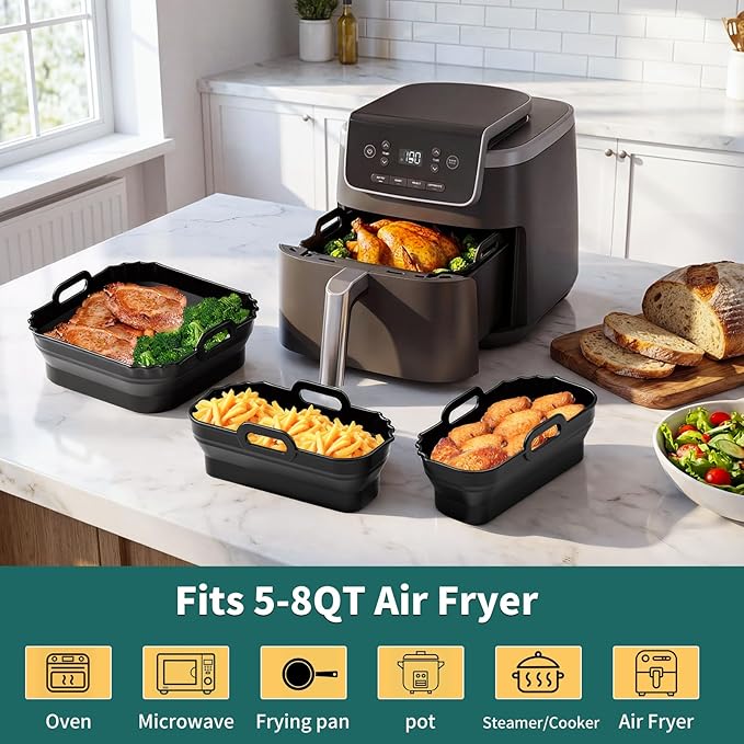 Collapsible 9 Inch Air Fryer Silicone Liners for Ninja AF141 AF142 AF181 5QT-6.5QT Air Fryer, 3 Pack Reusable Silicone Pot Baking Accessories for Cosori 6QT, Instant, Chefman 5-8QT AirFryer