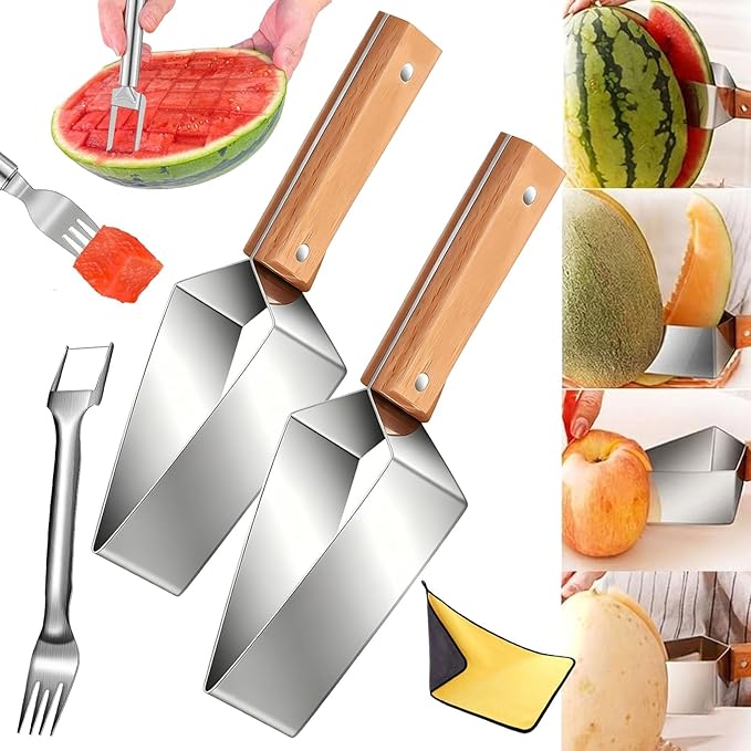 Triangle Watermelon Cutter, 2026 Upgraded Stainless Steel watermelon slicer with Wooden Handle, Summer Melon Cutter Melon Divider Tool, Multifunctional Fruit Cutter for Kitchen Gadgets (2pc)
