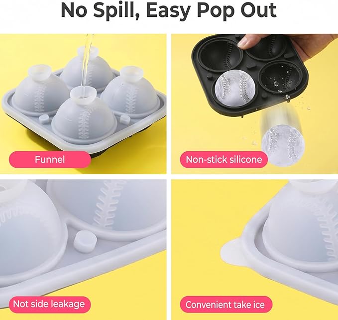 Large Ice Cube Tray,Silicone Ice Cube Trays for Freezer with Lids & Funnel,2.5 Inch Reusable Big Round Ice Cube Mold Ball Maker for Gifting,Whiskey,Cocktails and Drinks,Easy Release (Baseball)