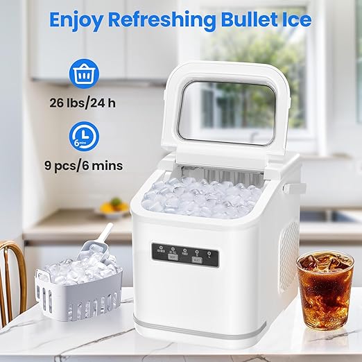 Countertop Ice Maker, Portable Ice Makers with Carry Handle, 26Lbs/24H, 2 Sizes of Ice Cubes, Small Ice Maker Machine Self-Cleaning with Basket and Scoop for Kitchen Home Bar, White