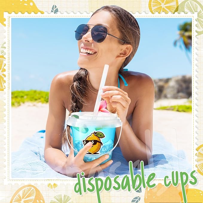 Funnymoom 50 Set Lemonade Buckets with Lids and Straws 24oz Clear Plastic Drink Cups Disposable Rum Cocktail Drinking Pails with Handles Bulk for Summer Lemon Themed Wedding Birthday Party Supplies