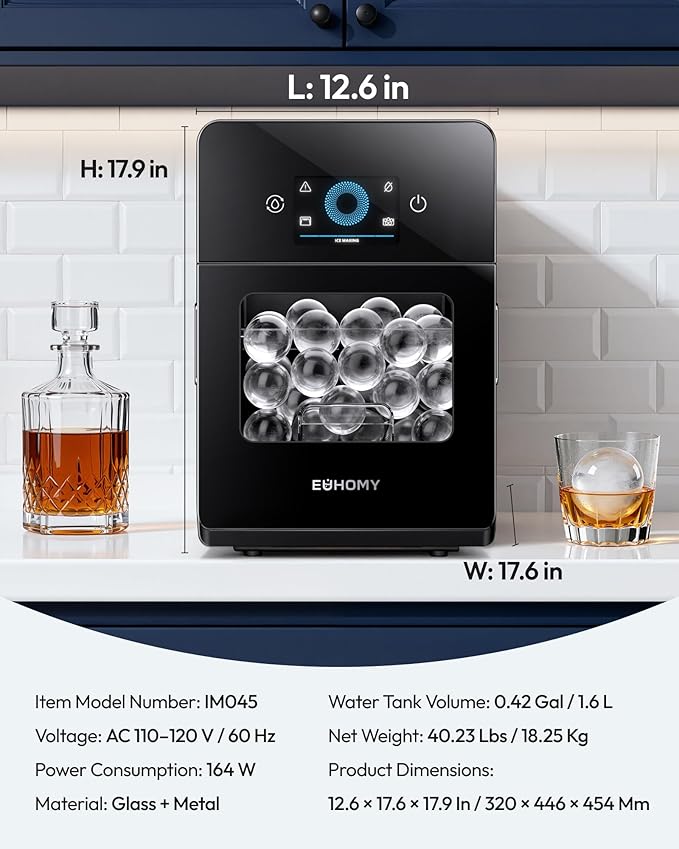 EUHOMY 2.4" Ice Ball Maker Countertop, 3Pcs Ready in 40Mins, 108Pcs/Day, Self-Cleaning Sphere Ice Maker Machine with Crystal Clear Ice, Round Ice Cube Maker for Whiskey & Bourbon