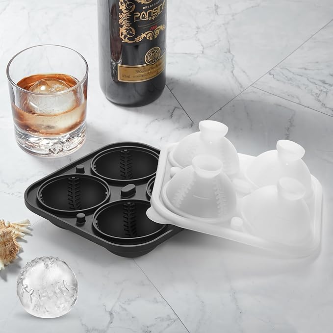 ACOOKEE Novelty Baseball Gifts Ball Ice Maker Mold, 2.2" Large Sphere Round Ice Cube Mold for Cocktails, Whiskey, Bourbon Chilling, 4 Hole Fun Shapes Big Silicone Circle Ice Cube Trays