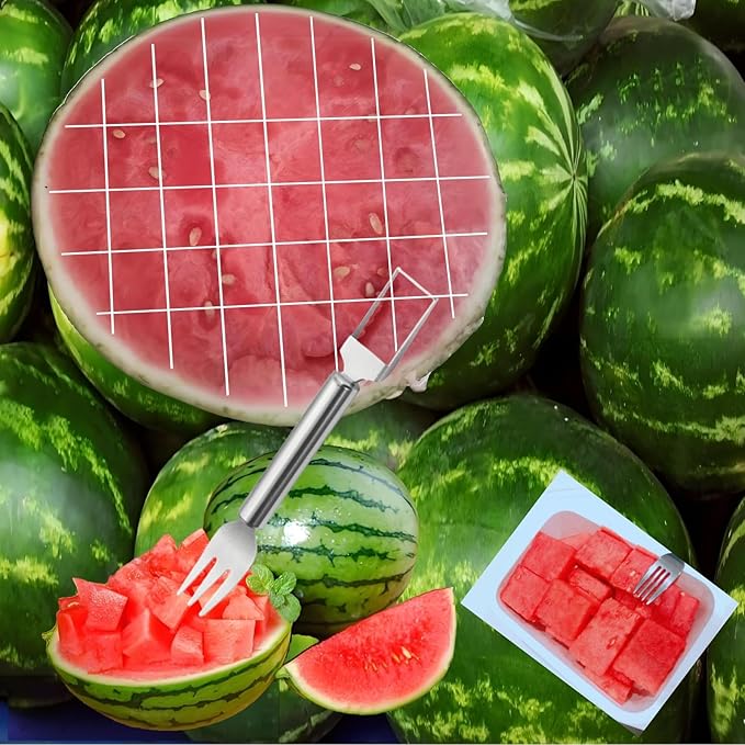 Watermelon Fork Slicer Cutter 2-in-1 watermelon cutter 2Pcs Stainless Steel Watermelon Slicer Tool Portable Fruit Cutter Kitchen Gadgets for Camping Picnics Home Use