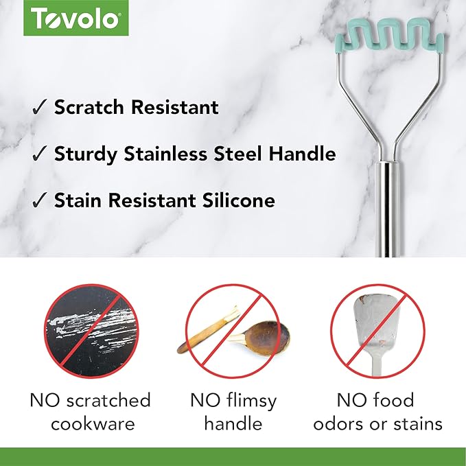 Tovolo Silicone Potato Masher Stainless Steel Handle Aqua Seafoam Green Dishwasher Safe Heat Resistant Non Scratch Handheld Coil Wire Potato Smasher for Nonstick Pans Ergonomic Kitchen Food Prep Tool