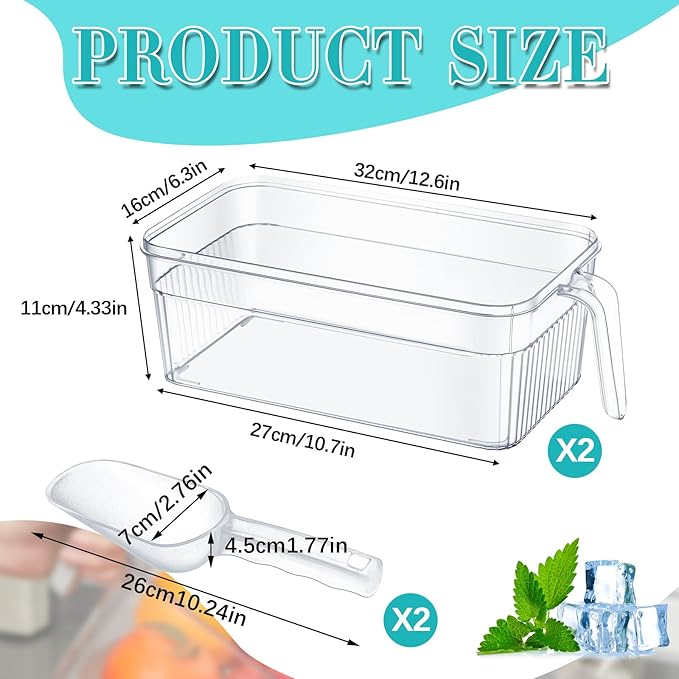 Havawish Ice Storage Bin and Flexible Scoop Set Plastic Freezer Bin with Pull out Handle Storage Bucket Clear for Container with Scoop(White,12.6 x 6.3 x 4.33 in,Stripe)