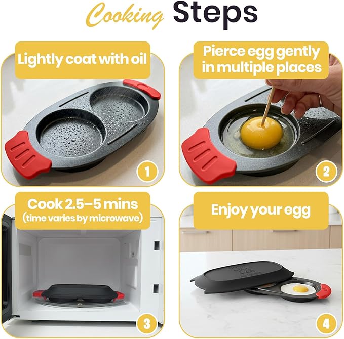 Eggssentials - Microwave Egg Cooker for 2 Eggs, Non-Stick Egg Maker with Silicone Lid, Easy Egg Cooker and Omelette Maker for Quick Breakfast, Durable and Easy to Clean Design, Black Color