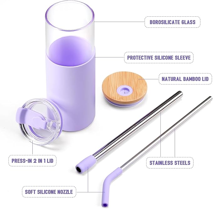 Kodrine 24oz Glass Tumbler with Lids and Straws|Bamboo & On the go Lid|Reusable Ice Coffee Cup with Silicone Sleeve, Glass Coffee Tumbler for Smoothie/Matcha, Dishwasher & BPA Free-Purple